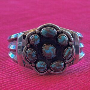 VINTAGE SIGNED BN255 SILVER AND TURQUOISE CUFF BRACELET CHUNKY